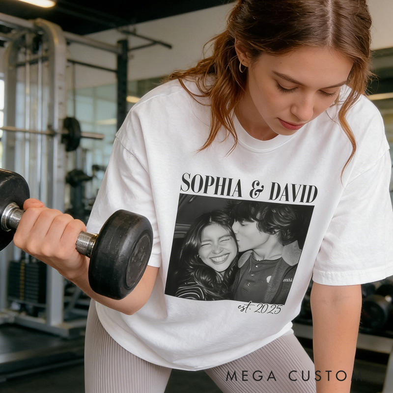 Personalized Weightlifting Couple Classic T-Shirt  Couple Shirt Custom Photo Engagement Comfort Colors Shirt Vintage Couple Picture Shirt for Gym Lover