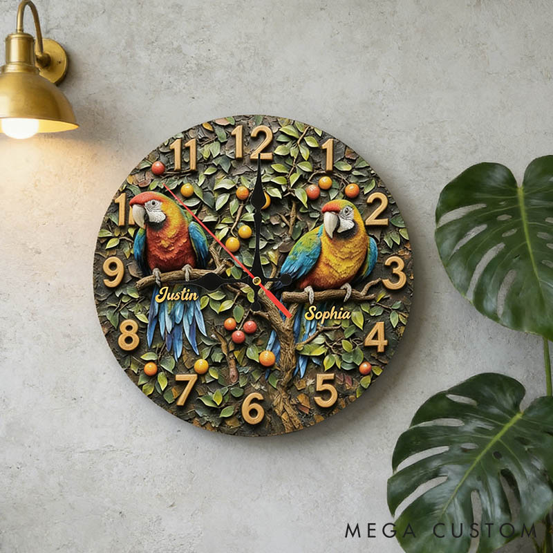 Personalized Parrot Couple Wall Clock Custom Couple Bird on a Branch 3D Effect Wall Clock with Name Couple Anniversary Valentines Day Gift for Him Her