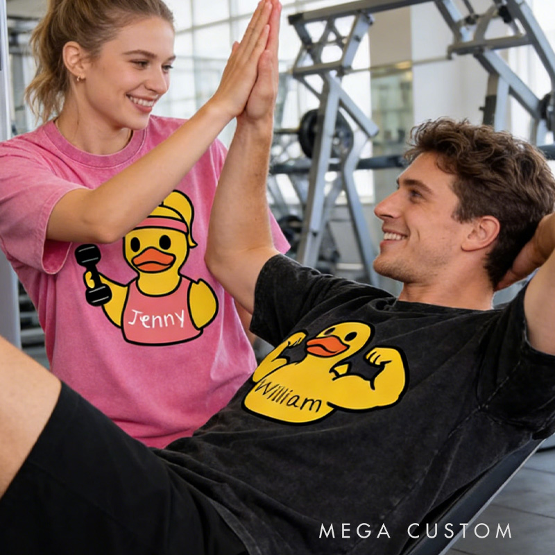 Personalized Washed T-Shirts Fitness Couple Funny Muscle Arm Duck with Name T-Shirt for Gym Lovers
