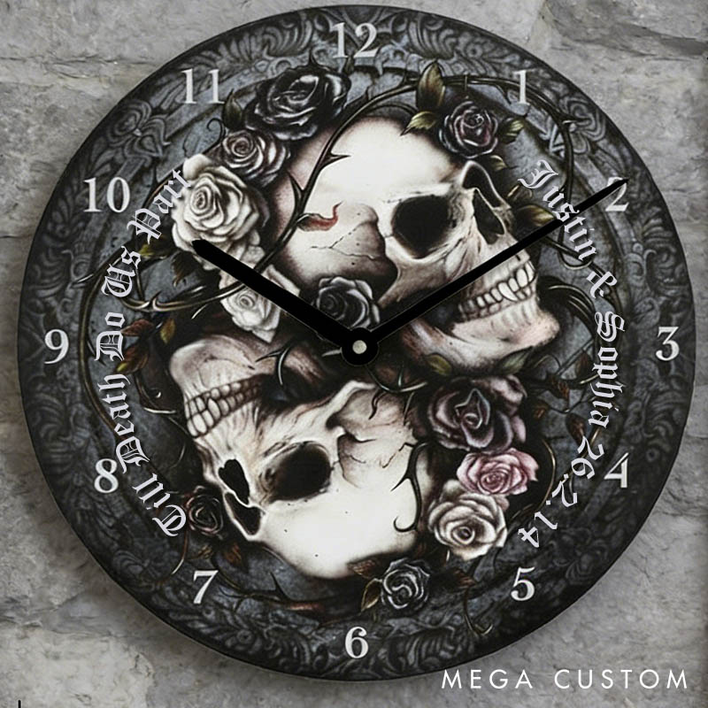 Personalized Skull Couple Till Death Do Us Part Wall Clock Custom Retro Gothic Style 3D Effect Wall Clock Anniversary Gift Valentine's Day Gift