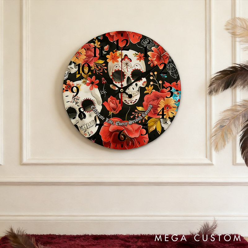 Personalized Skull Couple Celebrate Life Every Second Counts Wall Clock Custom Retro Gothic Style 3D Effect Wall Clock Anniversary Valentines Day Gift