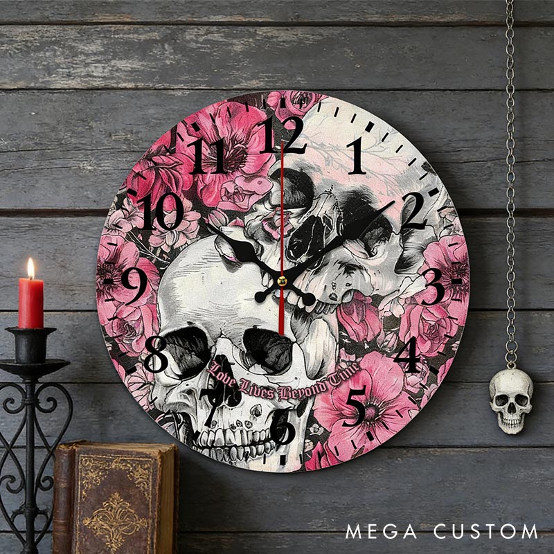 Personalized Floral Skull Couple Love Lives Beyond Time Wall Clock Custom Retro Gothic Style 3D Effect Wall Clock Anniversary Gift Valentines Day Gift