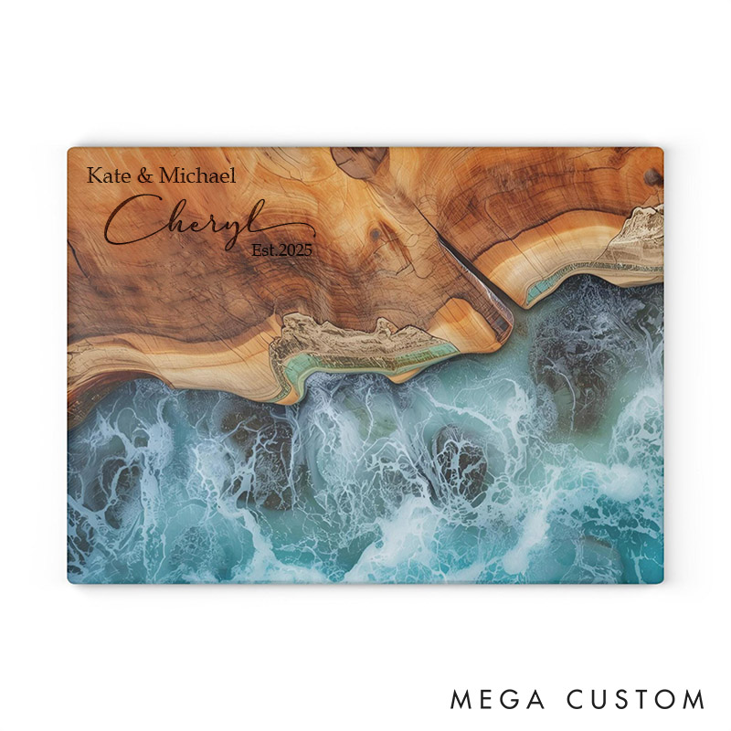 Personalized Ocean-Inspired Resin Cutting Board Custom Maple Ocean Charcuterie Board with Couple Name Wedding Gift