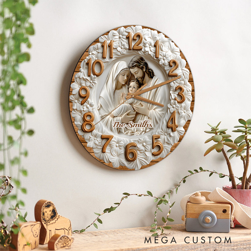 Personalized the Holy Family Wall Clock with Custom Family Name Graphic 3D Printed Wall Clock Home Decor Religious Gift for Christians