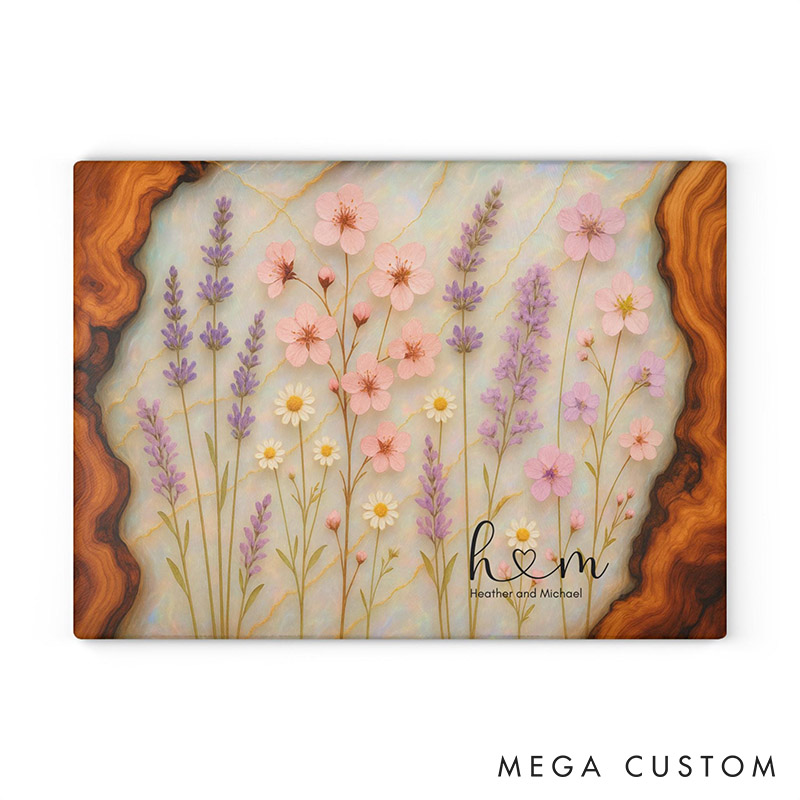 Personalized Floral Wooden Cutting Board Wildflower Glass Charcuterie Board for Couple Custom Initials Maple Design Cutting Board
