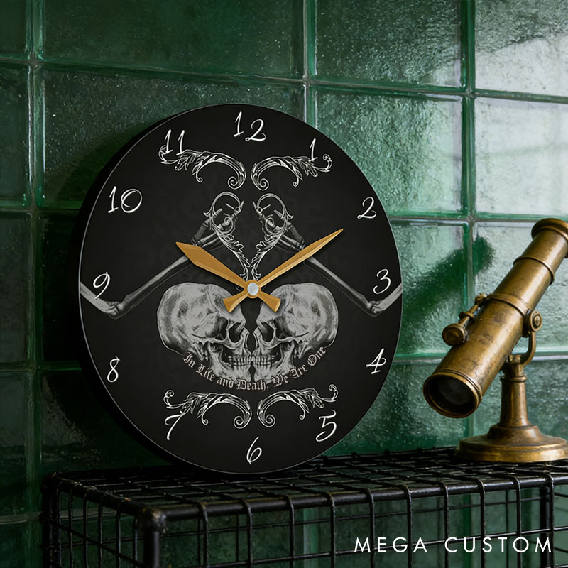 Personalized Skull Couple In Life and Death We Are One Wall Clock Custom Retro Gothic Style 3D Effect Wall Clock Anniversary Gift Valentines Day Gift