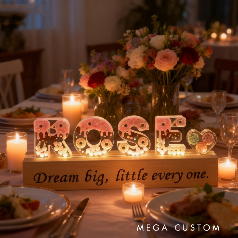 Personalized Donut Name Letter LED Acrylic Light Night Light with Name and Base Home Decor Birthday Gift for Girls Wife Kids