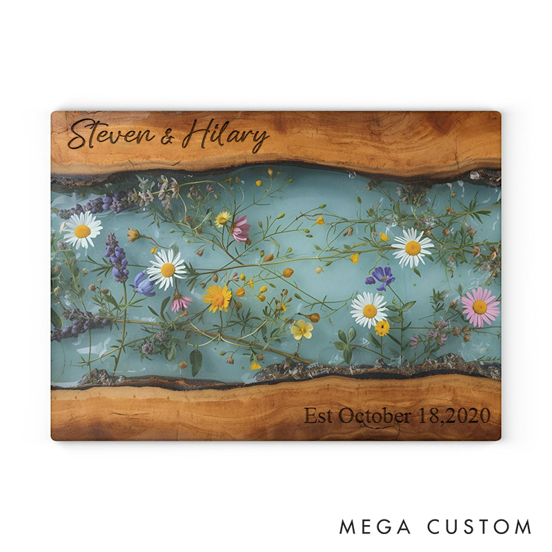 Personalized Wildflower Resin Cutting Board Couple Glass Charcuterie Cutting Board Maple Wildflower Kitchen Decor Couple Gift