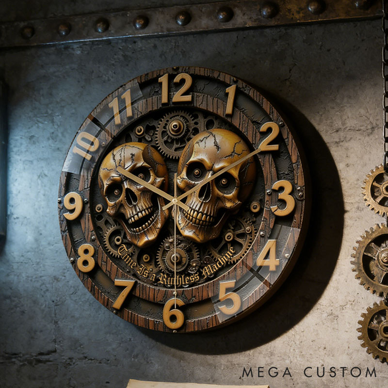 Personalized Skull Couple Time Is a Ruthless Machine Acrylic Wall Clock Custom Imitation Wood 3D Effect Wall Clock Anniversary Valentines Day Gift
