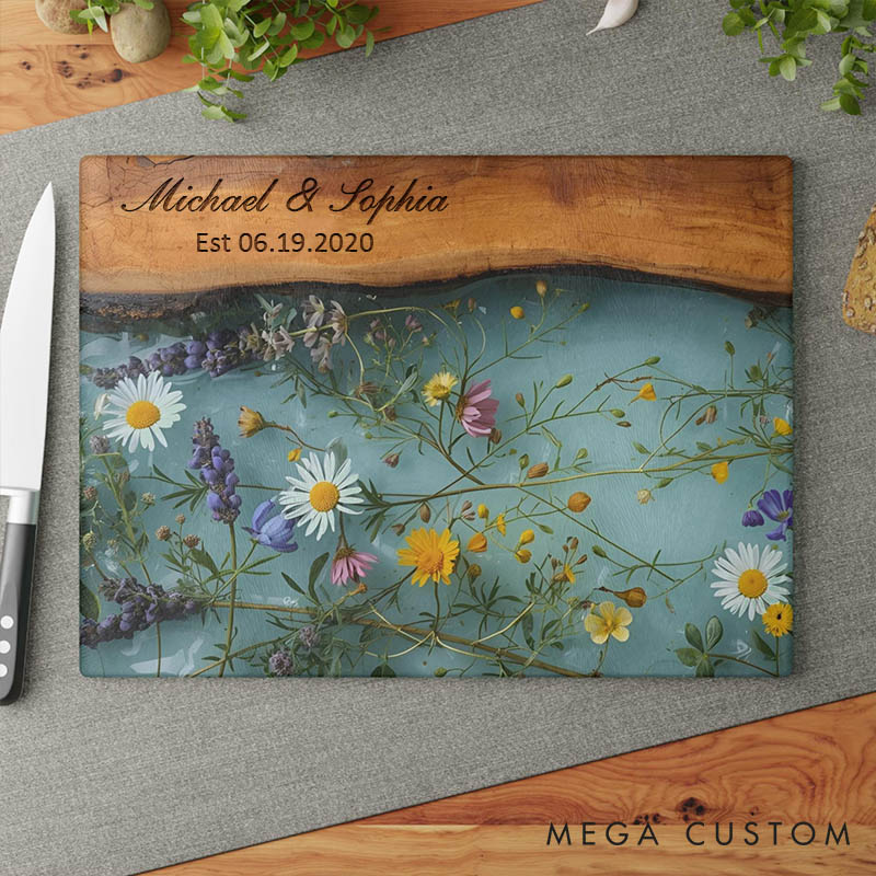 Personalized Rustic Wildflower Cutting Board Glass Charcuterie Cutting Board Maple Wildflower Wedding Gift Board for Couple