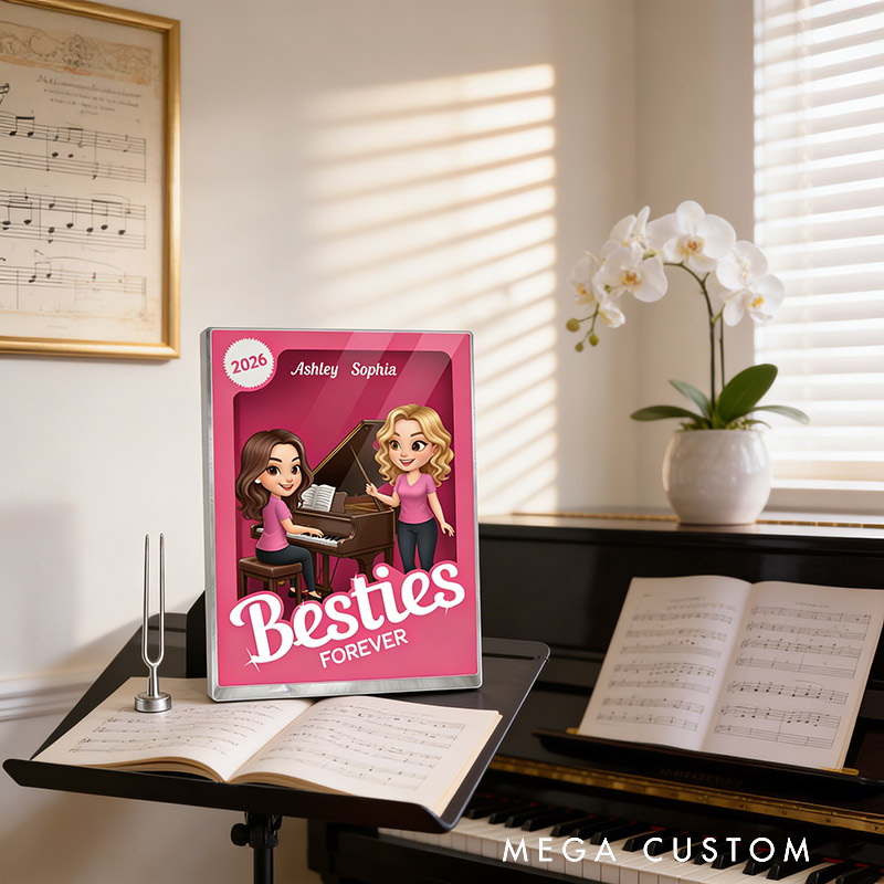 Personalized Besties Forever Pink Action Figure Acrylic Block Plaque Customizable with Photos and Names Meaningful Gift For Best Friend Piano Lovers Music Lovers