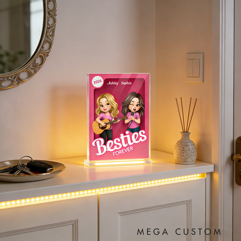 Personalized Besties Forever Pink Action Figure Acrylic Block Plaque Customizable with Photos and Names Meaningful Gift For Best Friend Guitar Lovers Music Lovers