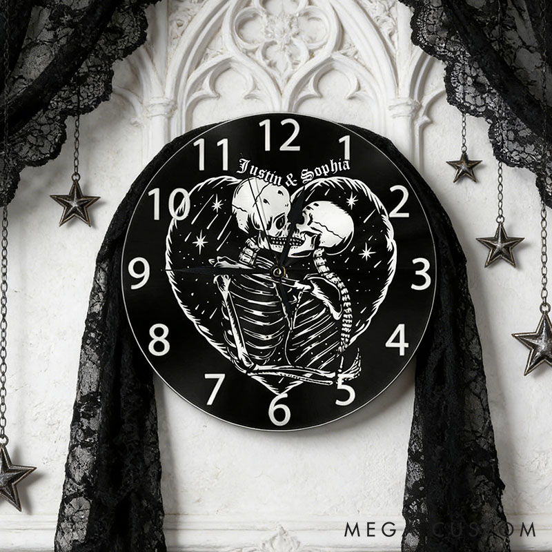 Personalized Skeleton Couple Embracing Wall Clock Custom Couple Till Death Do Us Part Wall Clock with Name Anniversary Valentines Day Gift for Him Her