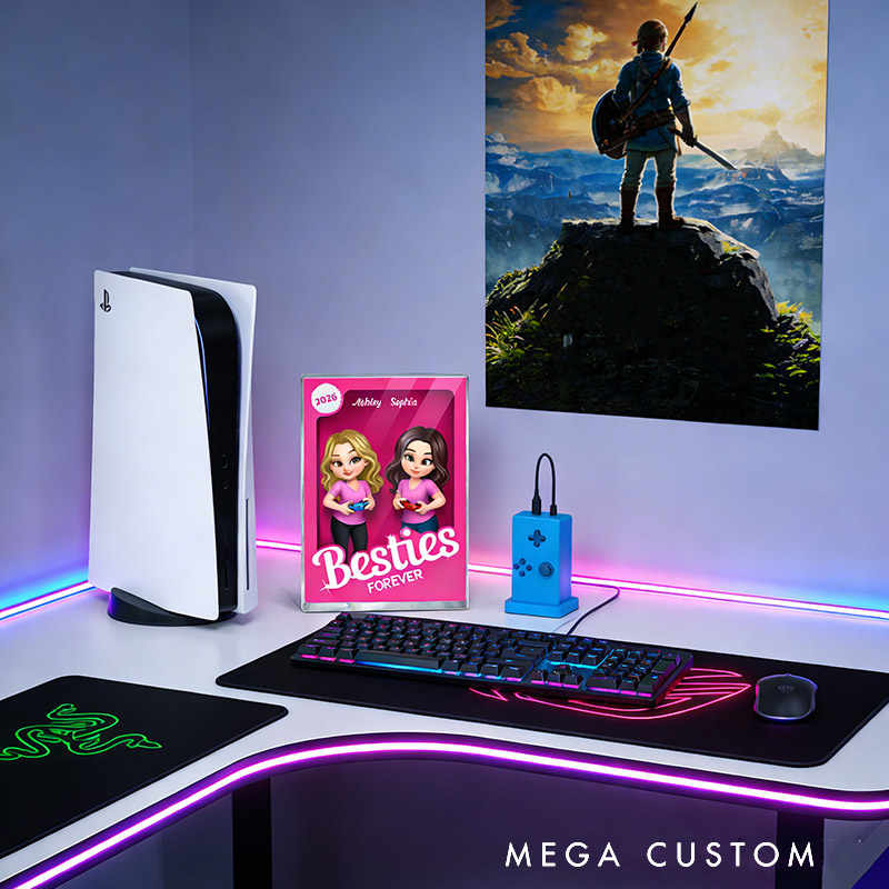 Personalized Besties Forever Pink Action Figure Acrylic Block Plaque Customizable with Photos and Names Meaningful Gift For Best Friend Game Lovers