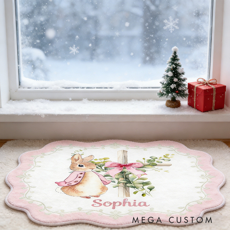 Personalize Floral Bow Cross Rabbit Rug with Custom Name Home Decor Religious Rug Faith Based Gift Easter Gift Christian Gift for Kids