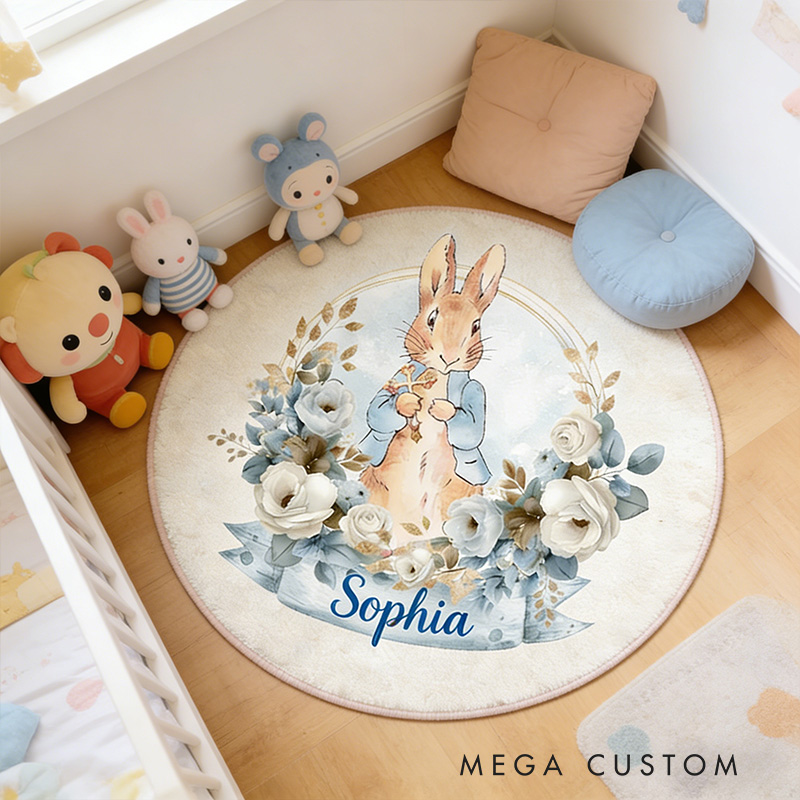 Personalize Cute Rabbit Cross Rug with Custom Name Room Decor Religious Rug Christian Gift Easter Gift for Kids