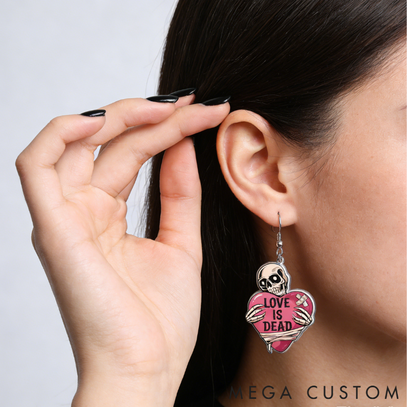 Personalized Acrylic Skull Heart Statement Earrings Dark Sweet Goth Style with "LOVE IS DEAD" for Edgy Fashion Fans