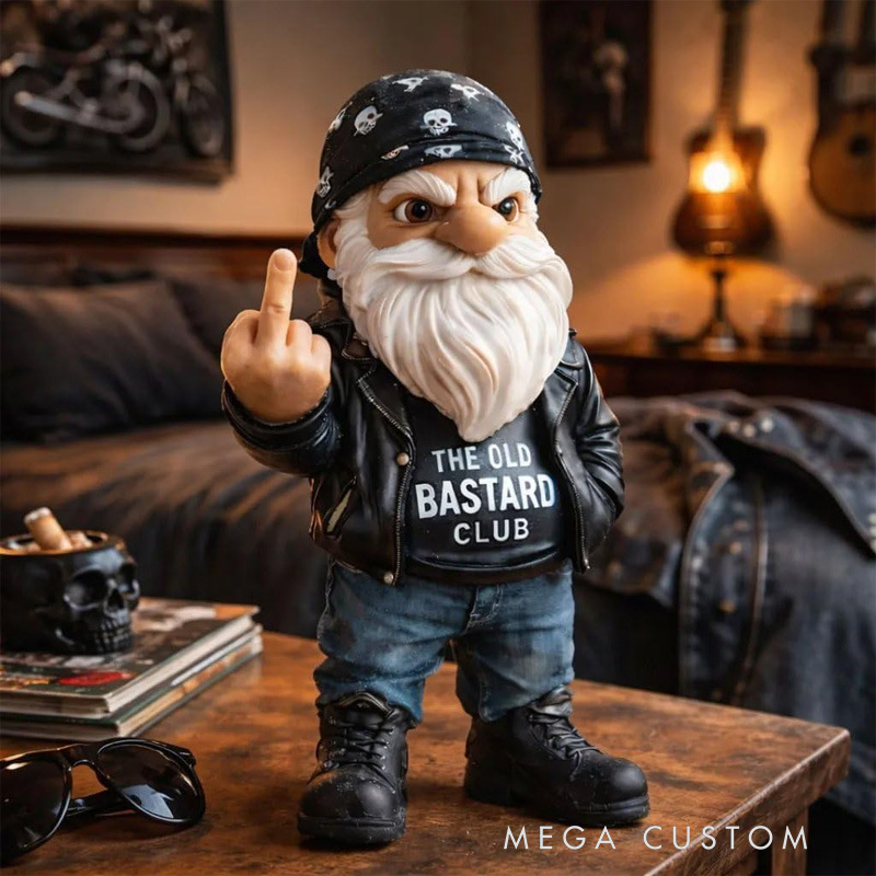 Rebel Biker Gnome Statue - "The Old Bastard Club" Resin Desk Decor