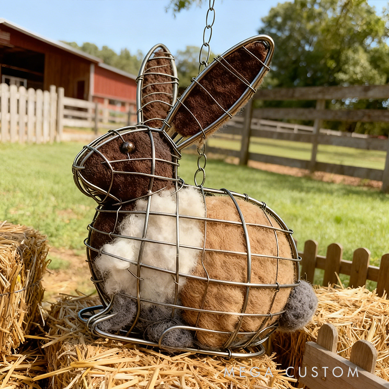 Wire-Frame Bunny Wool Hanging Decor - Rustic Farmhouse Style Rabbit Ornament