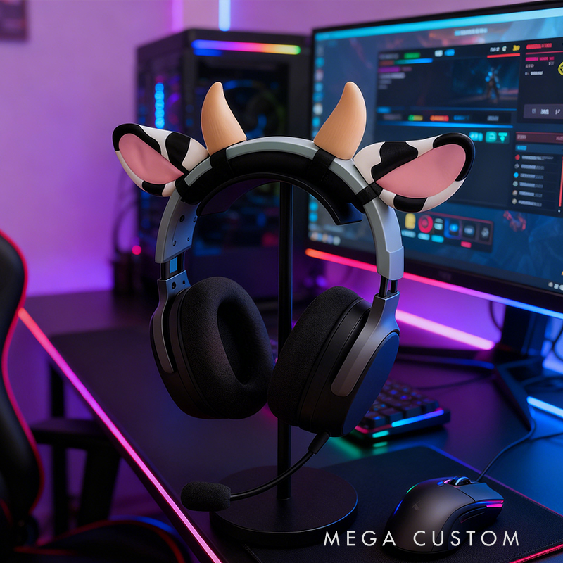 3D Printed Cow Ear & Horn Headphone Attachments - Cute Animal-Themed Gaming Headset Decor