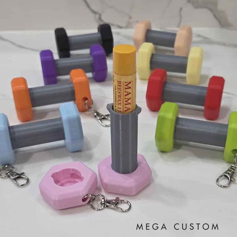 Personalized 3D Printed Dumbbell Key Chain Lip Balm Holder ChapStick Backpack Key Ring Gym Bag Sports Container Cute Fitness Workout Unique Creative Gift for Coach Trainer Gym Lover