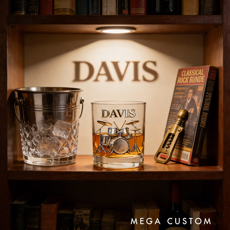 Personalized Drum Set Themed Whiskey Glass with Custom Text Whiskey Glass Engraved Glasses Gift for Music Lovers