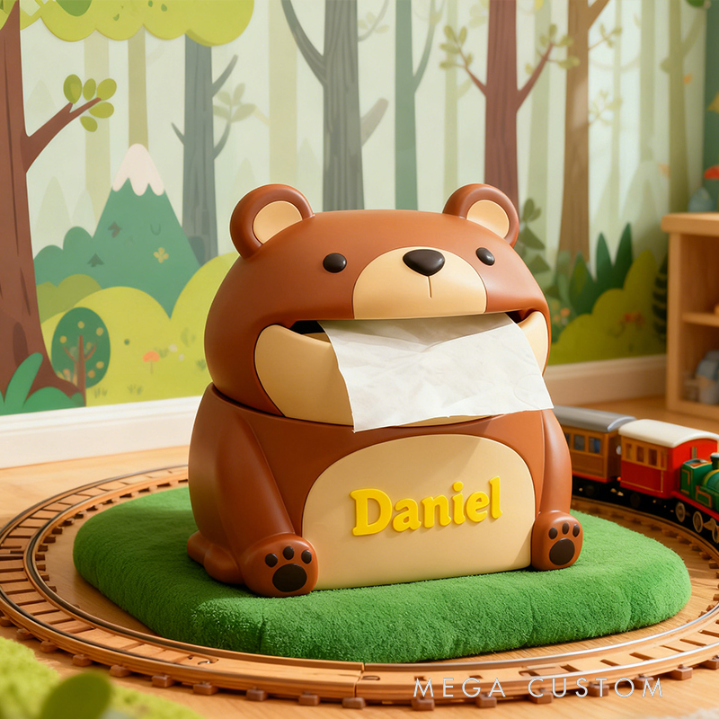 Personalized 3D Printed Bear Tissue Box Cover - Custom Name Kids' Room Organizer