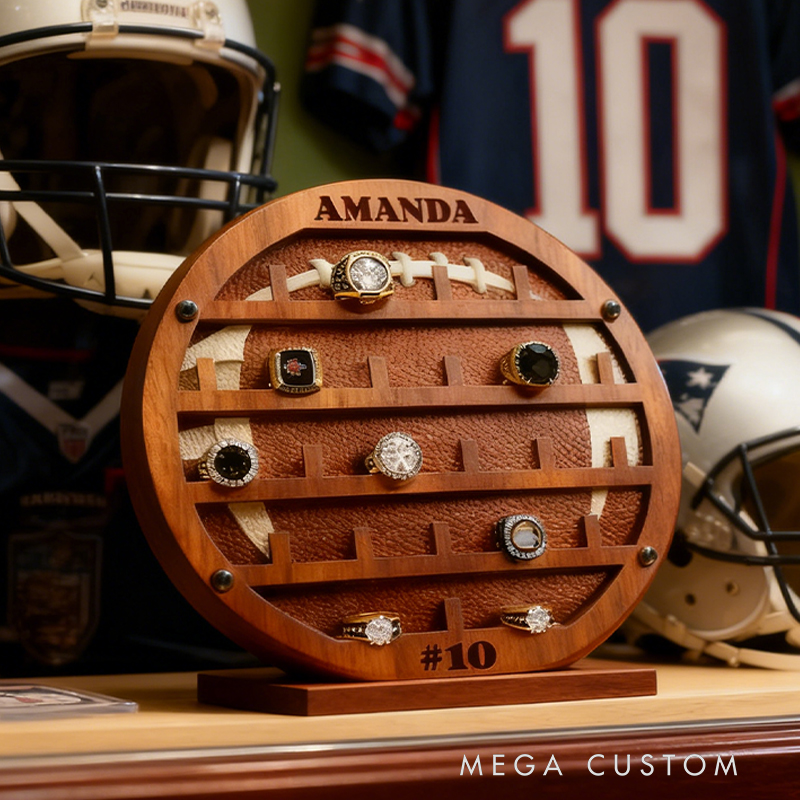 Personalized Football-Shaped Wooden Ring Display Rack - Custom Engraved Sports Trophy Holder