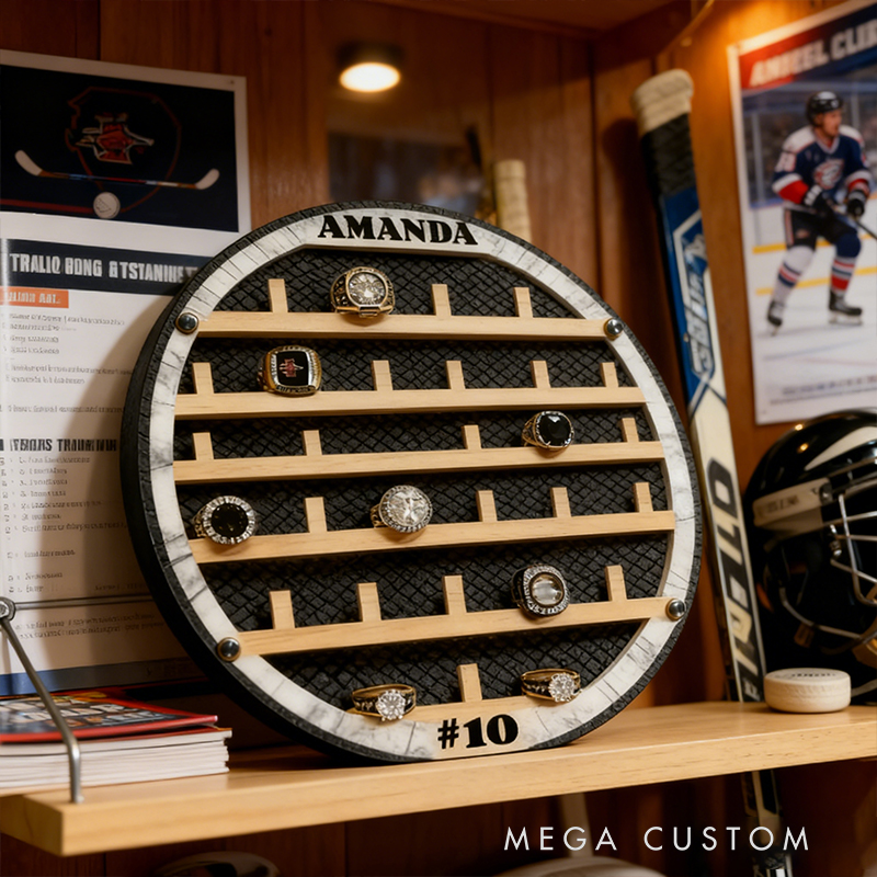 Hockey Puck-Shaped Wooden Ring Display Rack - Custom Engraved Championship Ring Holder