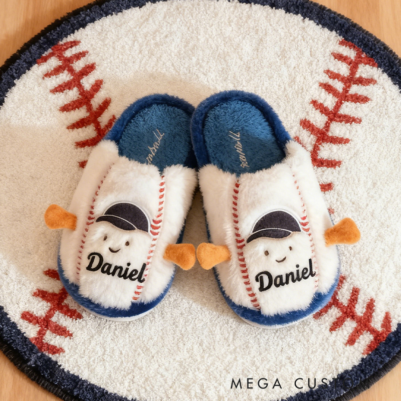 Personalized Custom Name Baseball Plush Slippers - Personalized Kids' Indoor Shoes with Smile Face Design
