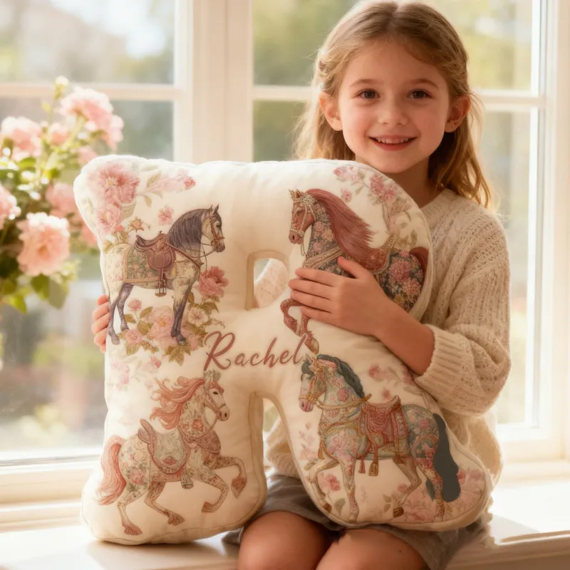 Personalized Riding Floral Letter Pillow Floral Horse Custom Name Festive Flower Decor with French Countryside Gifts for Family Graphic 3D Print for Riding Lovers Equestrian Lovers