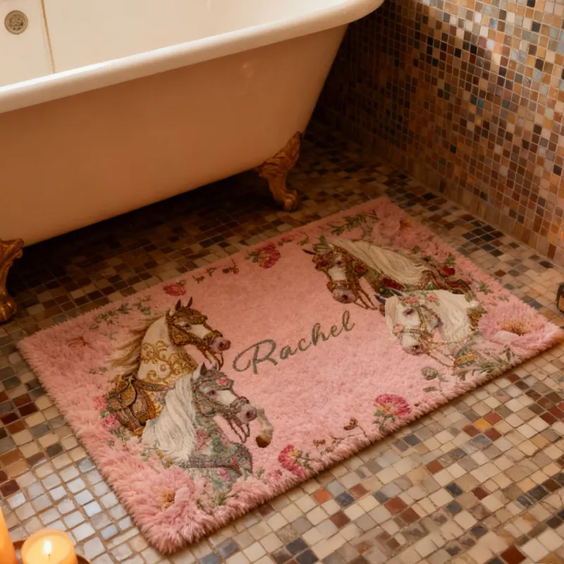 Personalized Rugs Riding Colorful Floral Doormat Floral Horse Custom Name Festive Flower Decor with French Countryside Gifts Doormat for Family for Riding Lovers Equestrian Lovers