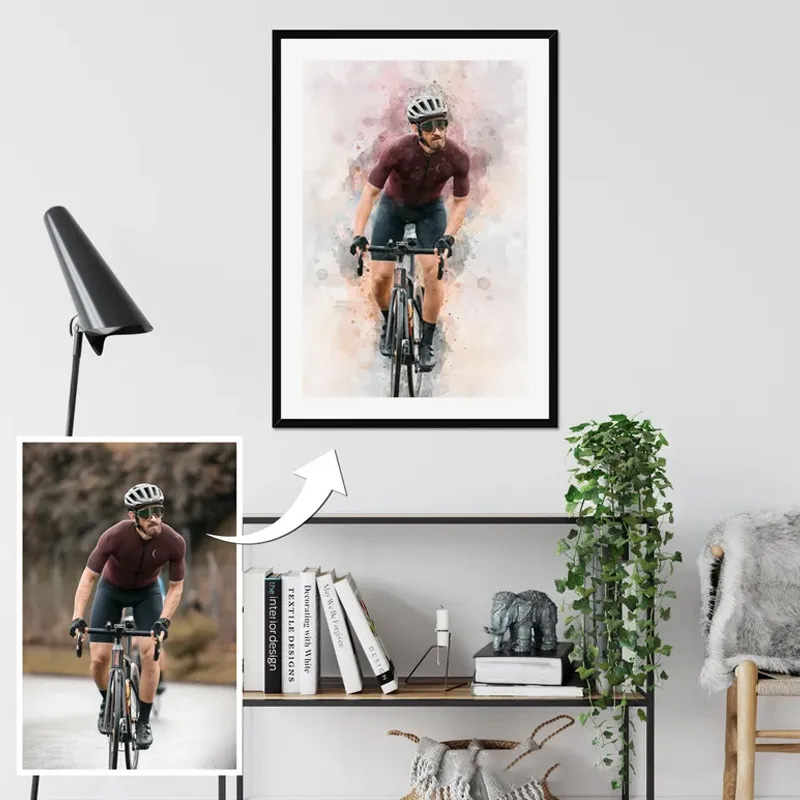 Personalized Bicycle Cartoon Portrait Watercolour Cyclist Gift Idea Cycling Present for Him