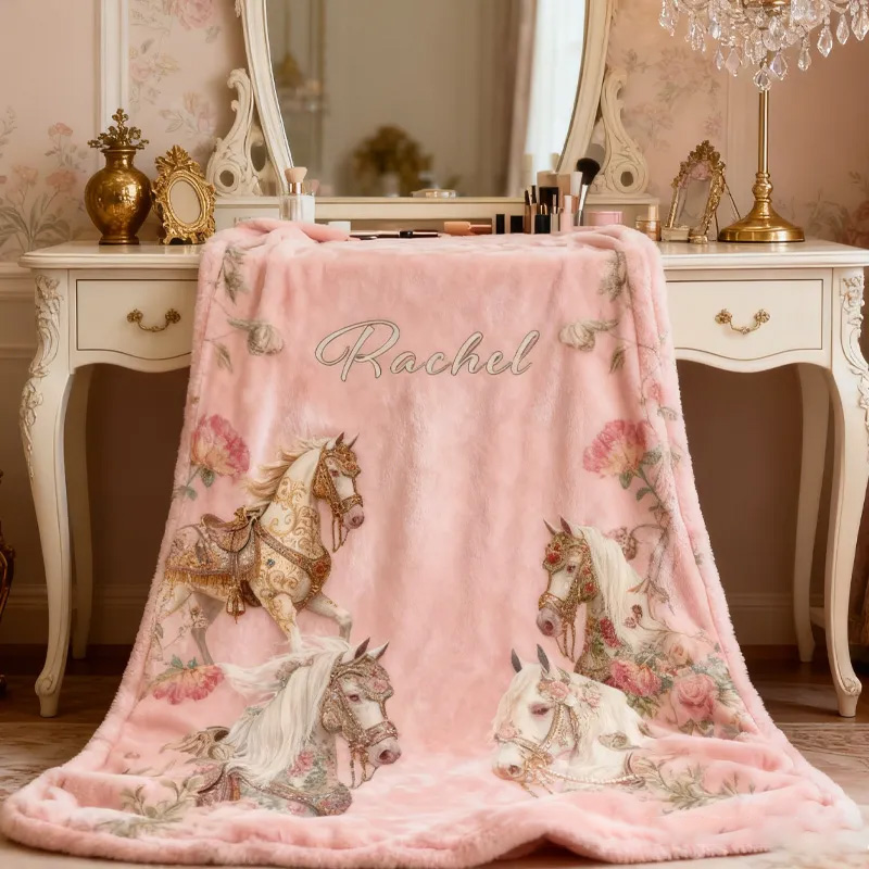 Personalized Riding Floral Blanket Floral Horse Custom Name Festive Flower Decor with French Countryside Gifts Family Blanket for Riding Lovers Equestrian Lovers