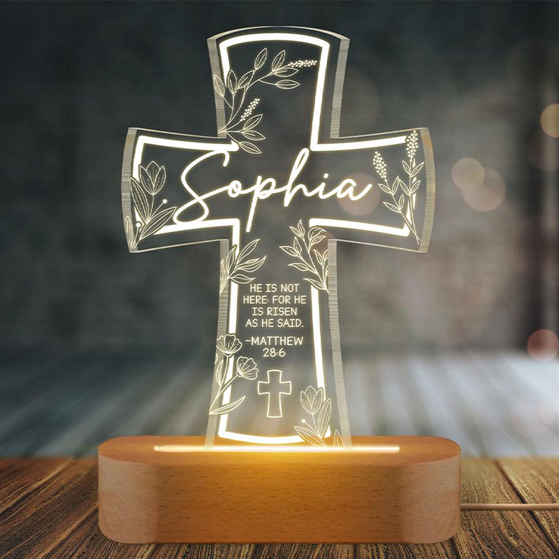 Personalized He is Risen Cross Wooden Base Acrylic LED Night Light with Custom Name Bibel Verse Night Light Religious Gift Easter Gift