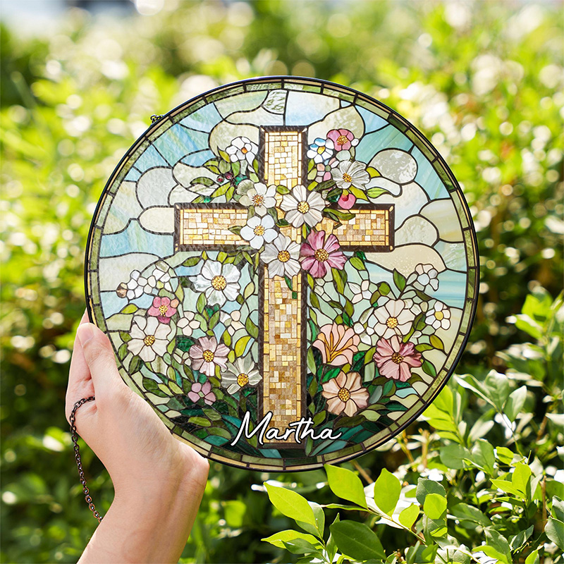 Personalized Cross Wildflowers Stained Glass Suncatcher Ornament with Name Window Hanging Decor Christian Home Decor Religious Gift for her