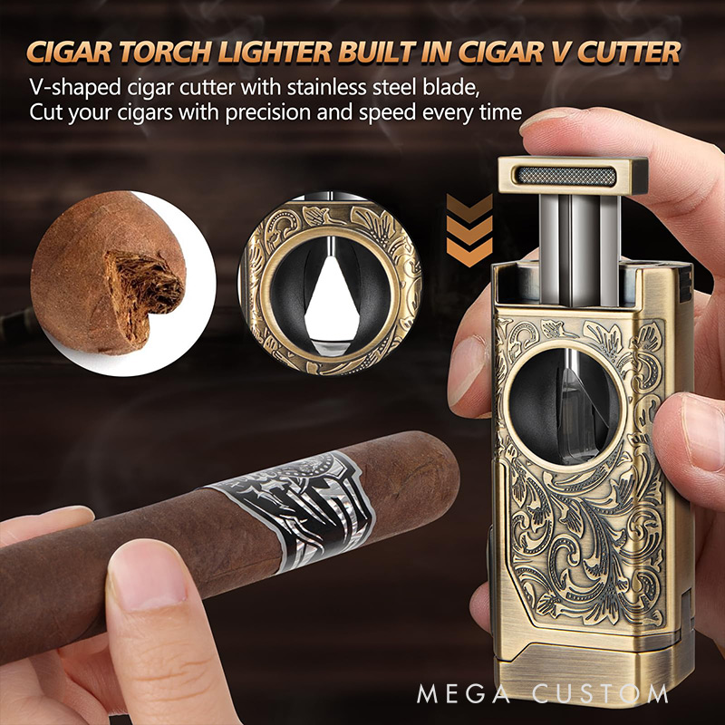 Personalized Cigar Torch Lighter 4 Jet Flame Refillable with Cigar Accessories Gift Box Valentine’s Day Dad Anniversary Gift for Him