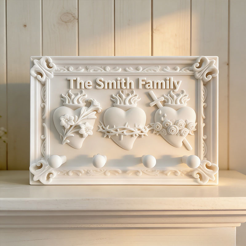 Personalized Sacred Hearts Wall Hanging Rack with Custom Family Name Catholic Home Decor Hanging Rosary Holder Prayer Space Wall Art Religious Gift