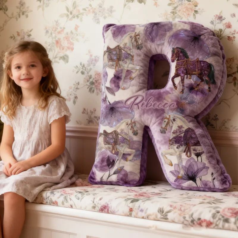 Personalized Riding Floral Letter Pillow Floral Horse Custom Name Festive Flower Decor with French Countryside Gifts for Family Lavender Graphic 3D Print for Riding Lovers Equestrian Lovers