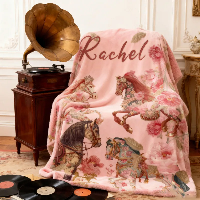 Personalized Riding Floral Blanket Equestrian Horse Custom Name Festive Flower Decor with French Countryside Gifts Family Blanket for Riding Lovers Equestrian Lovers