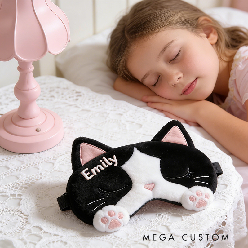 Personalized Whimsical Cat Sleep Eye Mask Custom Eye Cover Comfortable Gift for Children