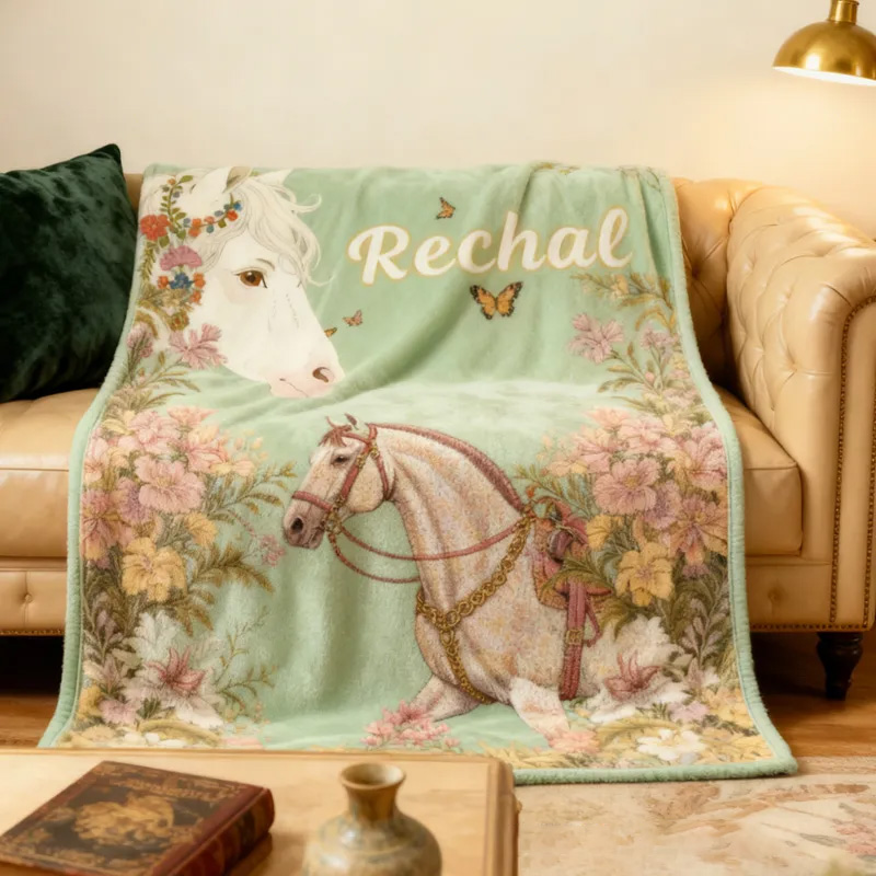 Personalized Riding Floral Blanket Flower Horse Custom Name Festive Flower Decor with French Countryside Gifts Family Blanket for Riding Lovers Equestrian Lovers