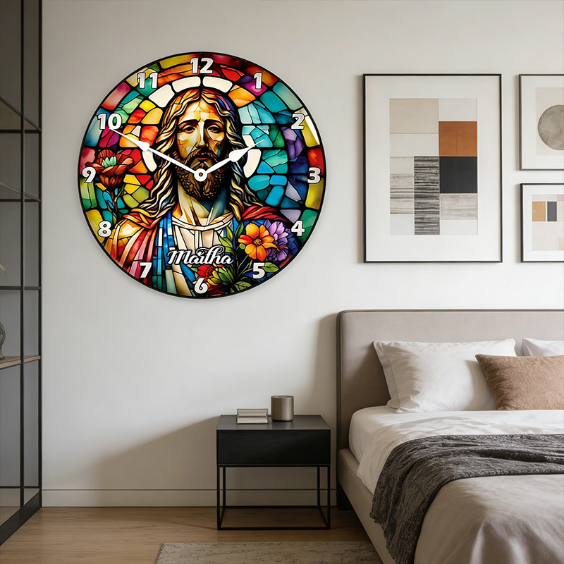 Personalized Jesus Stained Glass Wall Clock with Custom Name Graphic 3D Printed Wall Clock Home Decor Religious Gift for Christians
