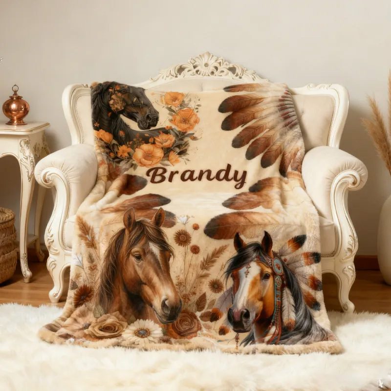 Personalized Riding Floral Blanket Feather Horse Custom Name Festive Flower Decor with French Countryside Gifts Family Blanket for Riding Lovers Equestrian Lovers