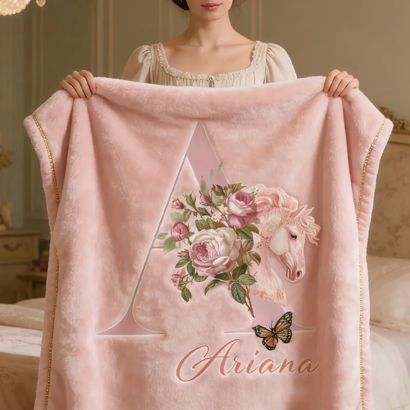 Personalized Initials Letter Riding Floral Blanket Floral Horse Custom Name Festive Flower Decor with French Countryside Gifts Family Blanket for Riding Lovers Equestrian Lovers