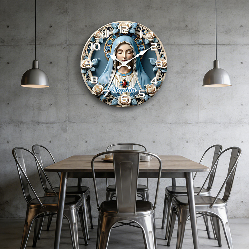 Personalized Mother of God Virgin Mary Wall Clock with Custom Name Graphic 3D Printed Wall Clock Catholic Decor Religious Gift for her