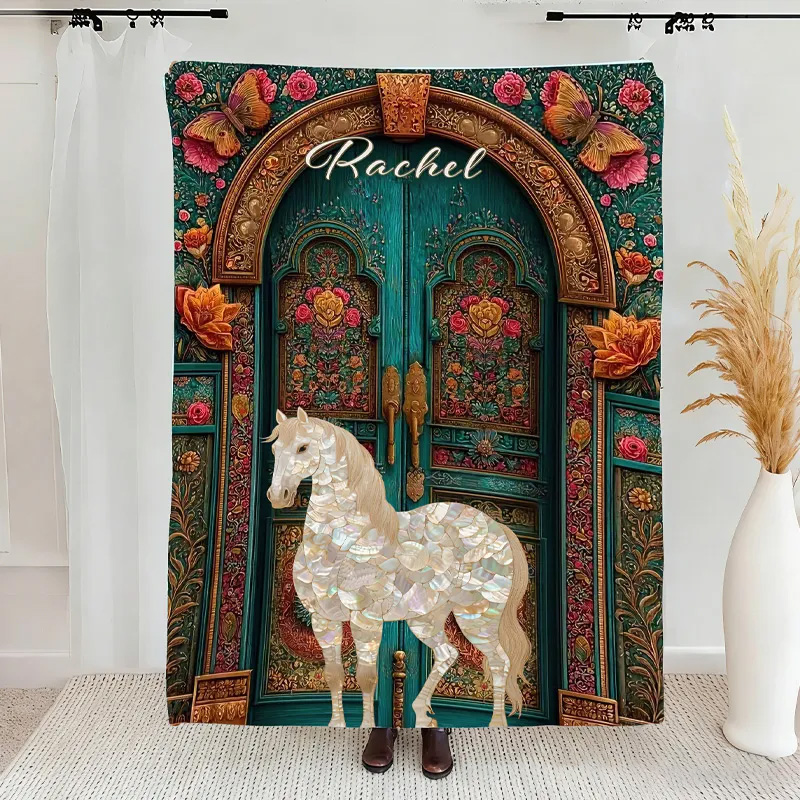 Personalized Riding Floral Blanket Vintage Garden Gate Floral Horse Custom Name Festive Flower Decor with French Countryside Gifts Family Blanket for Riding Lovers Equestrian Lovers