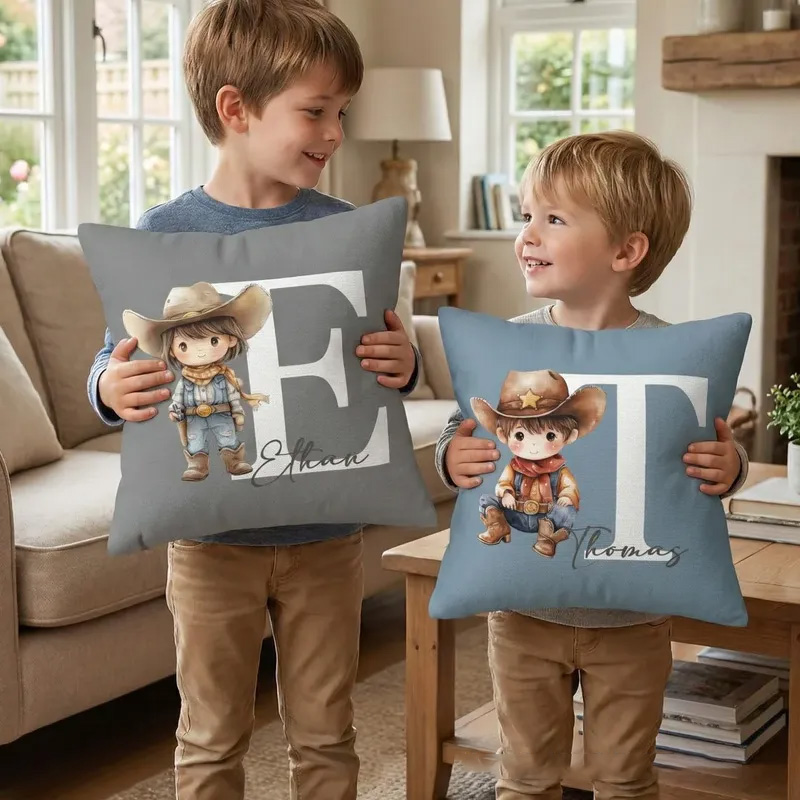 Personalized Initials Letter Throw Pillow Cartoon Cowboy Cowgirl Soft Throw Pillow Cover with Name and Initial Home Decor Birthday Gift for Boys Girls Horse Owner Lover Riding Lovers Equestrian Lovers