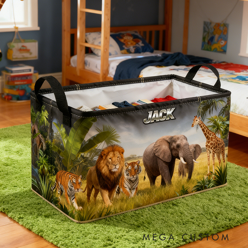 Personalized Custom Name Safari Animal Storage Bin - Kids' Jungle-Themed Toy Organizer