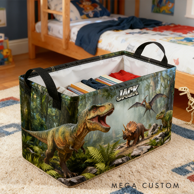 Personalized Custom Name Dinosaur Storage Bin - Kids' Jurassic-Themed Toy Organizer